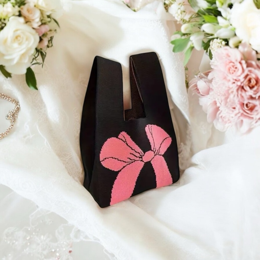 Stylish Black Pink Bow Knit Style Handbag Fashionable Design Versatile Wristlet